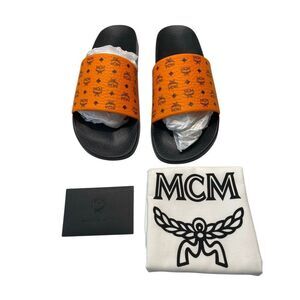 NIB MCM Mens US 10 Persimmon Orange Visetos Monogram Print Vamp Slide Sandals